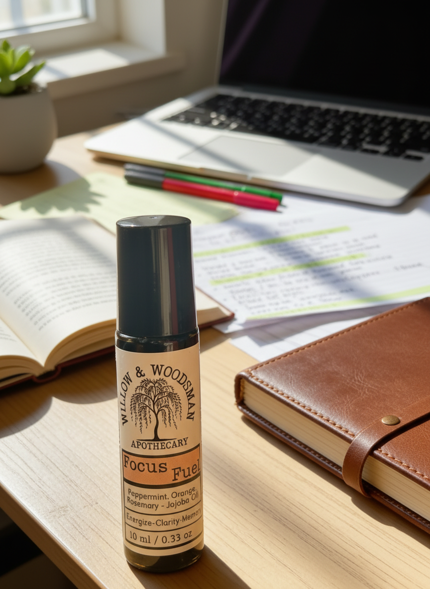 Focus Fuel roller on a study desk with open books, journal, and laptop – Willow & Woodsman Apothecary