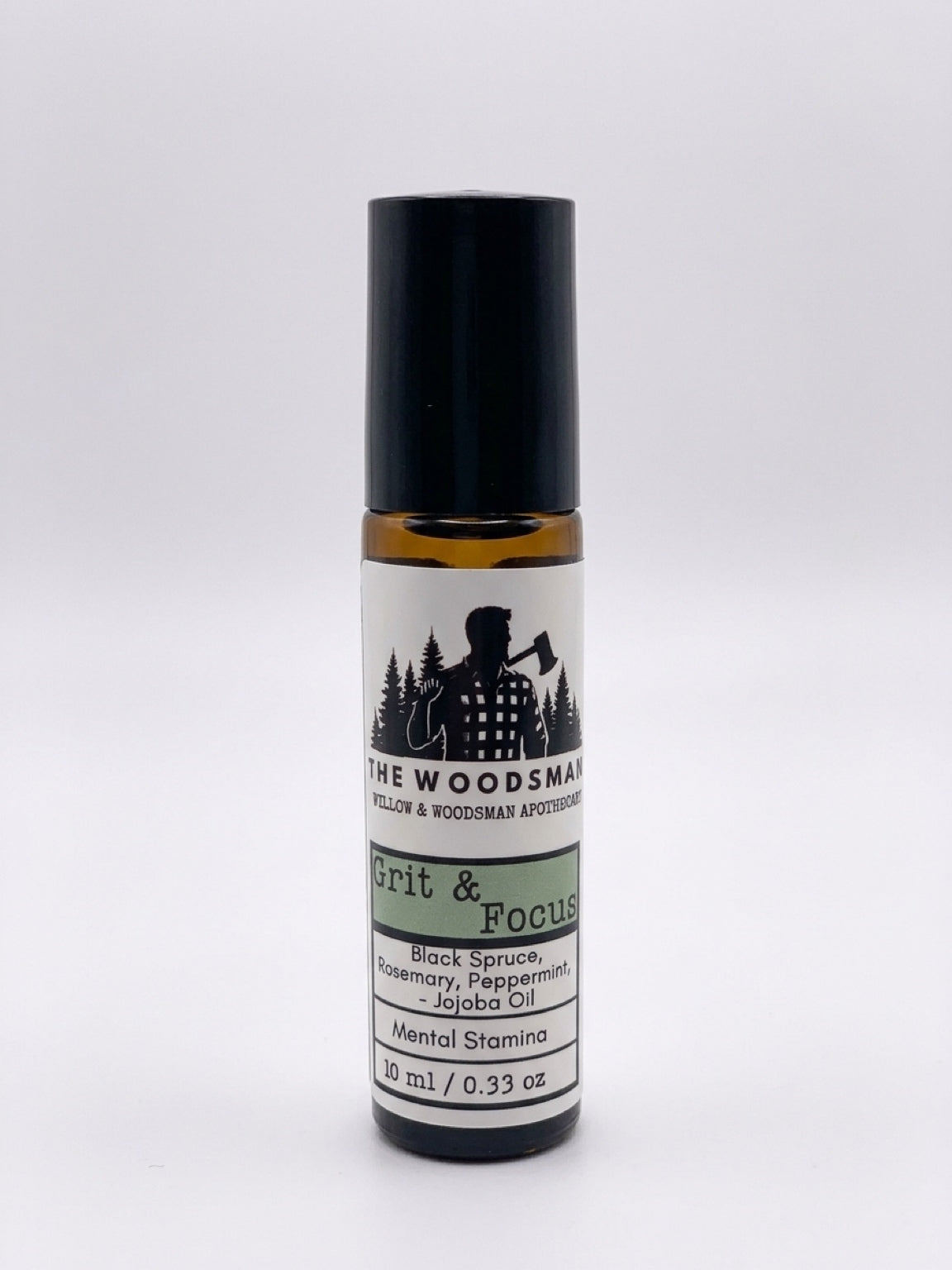 Grit & Focus essential oil roller – The Woodsman Line by Willow & Woodsman Apothecary. Black spruce, rosemary, peppermint in organic jojoba oil.