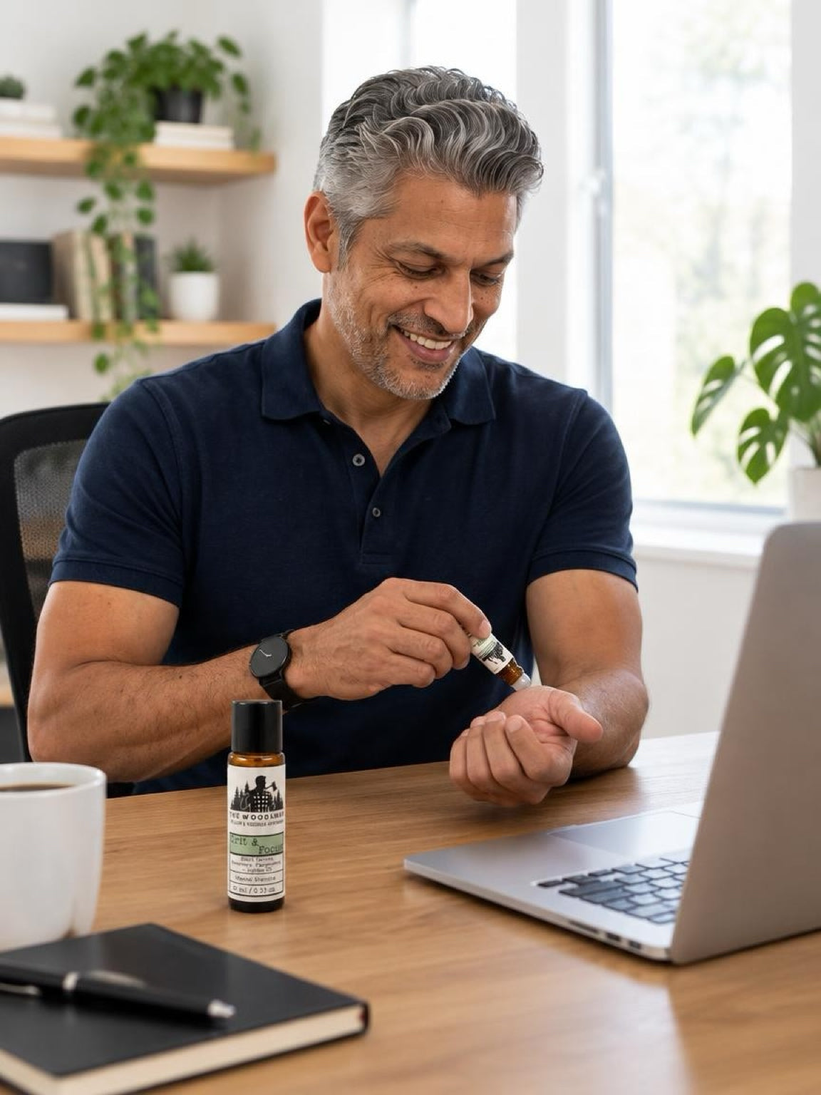 Man rolling Grit & Focus essential oil roller onto his wrist at his desk – The Woodsman Line by Willow & Woodsman Apothecary