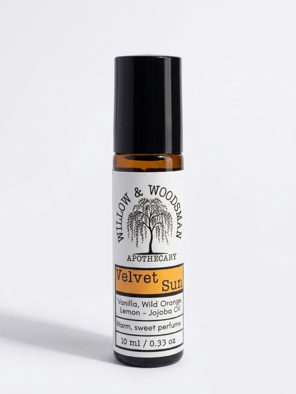 Velvet Sun natural perfume roller by Willow & Woodsman Apothecary – vanilla, wild orange, lemon in organic jojoba oil
