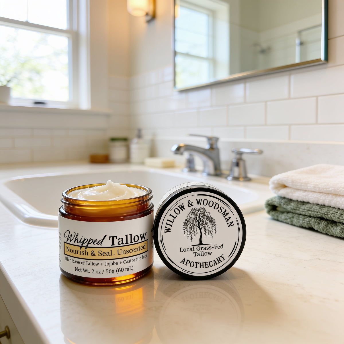 Nourish & Seal Whipped Tallow balm by Willow & Woodsman Apothecary, amber jar on bathroom counter