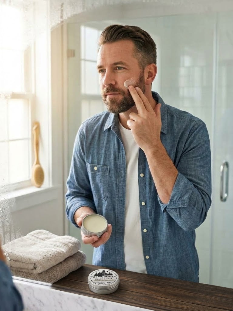 Man applying Naturally Unscented Beard & Face Balm in bathroom