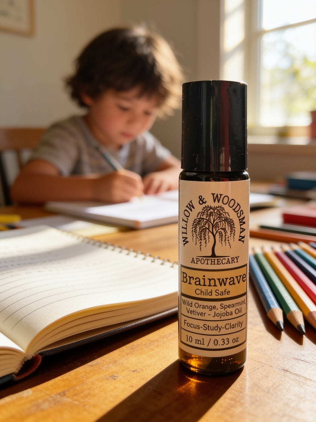 Brainwave child safe focus roller on a homework desk with a child studying in the background – Willow & Woodsman Apothecary